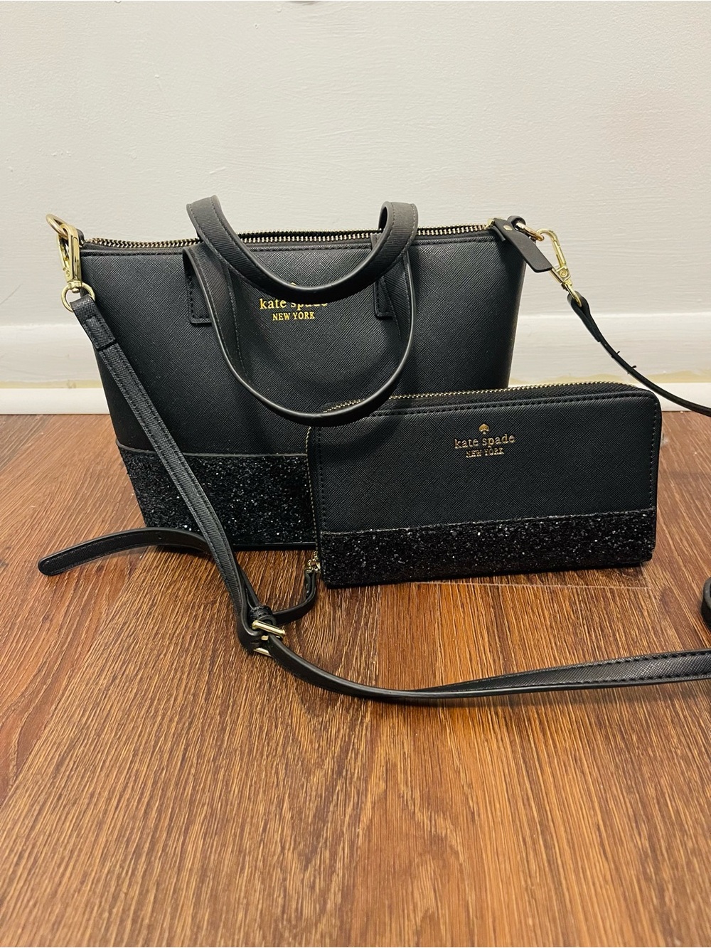 kate spade black satchel and matching wallet with glitter trim